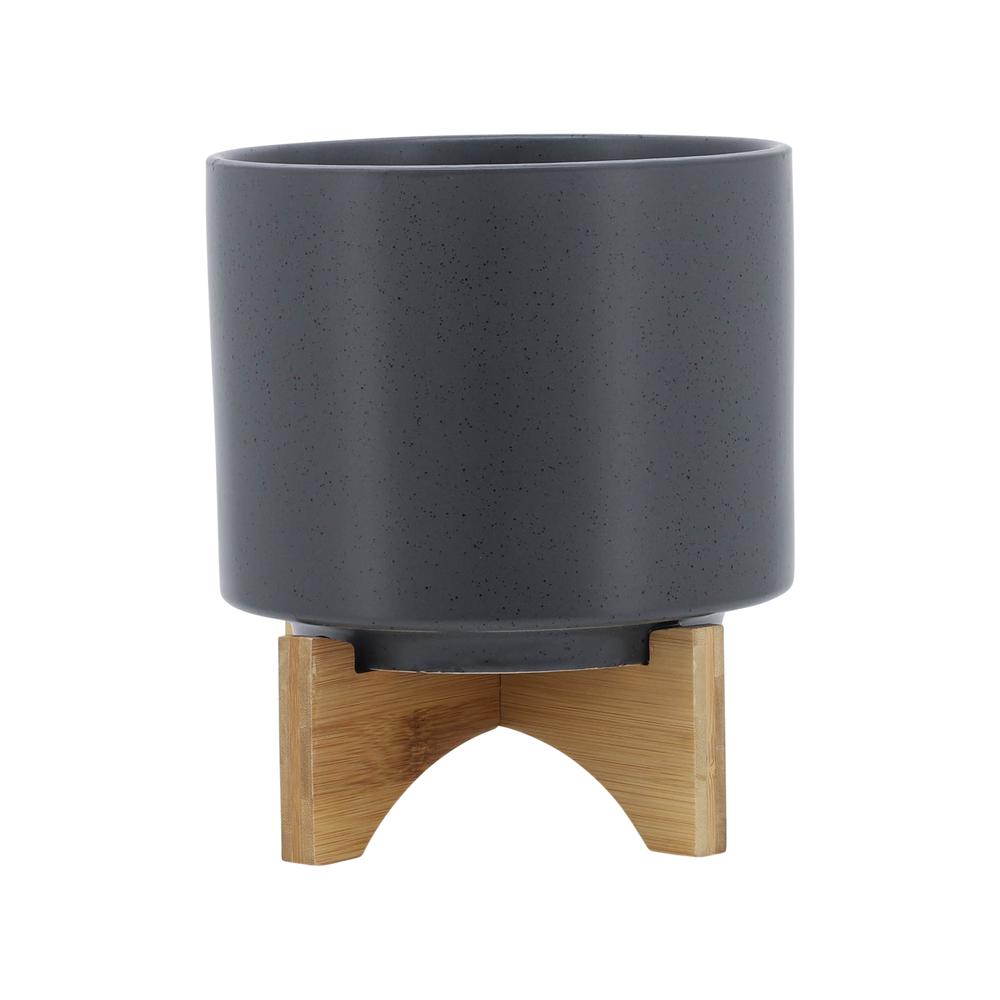 8" Planter W/ Wood Stand, Matte Gray. Picture 1