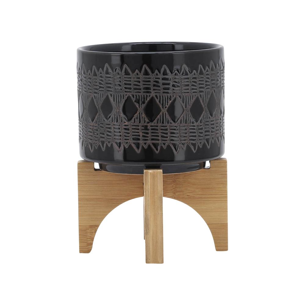 Ceramic 5" Aztec Planter On Wooden Stand, Black. Picture 2
