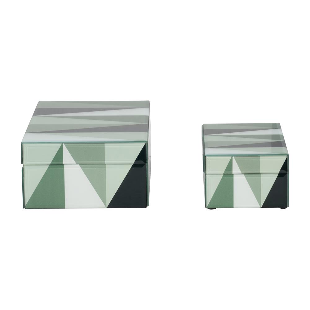 Glass, S/2 8/11" Triangles Boxes, Green/white. Picture 3