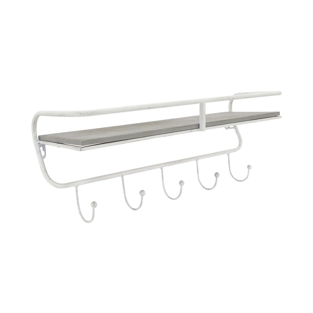 Metal/wood 20" 5  Hook Wall Shelf, White/gray. Picture 1