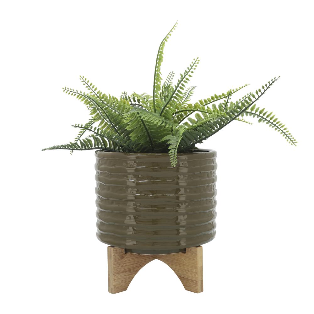 Cer, 8" Textured Planter W/ Stand, Olive. Picture 2