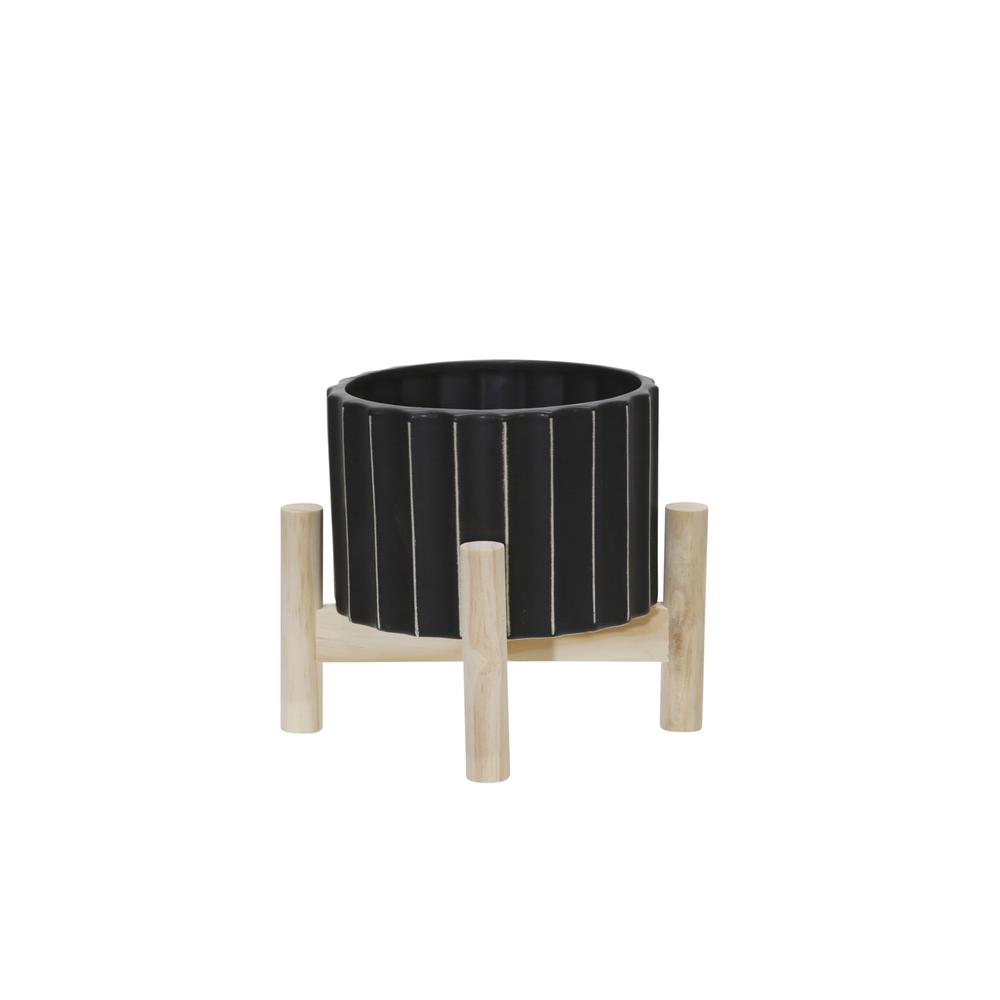 6" Ceramic Fluted Planter W/ Wood Stand, Black. Picture 2