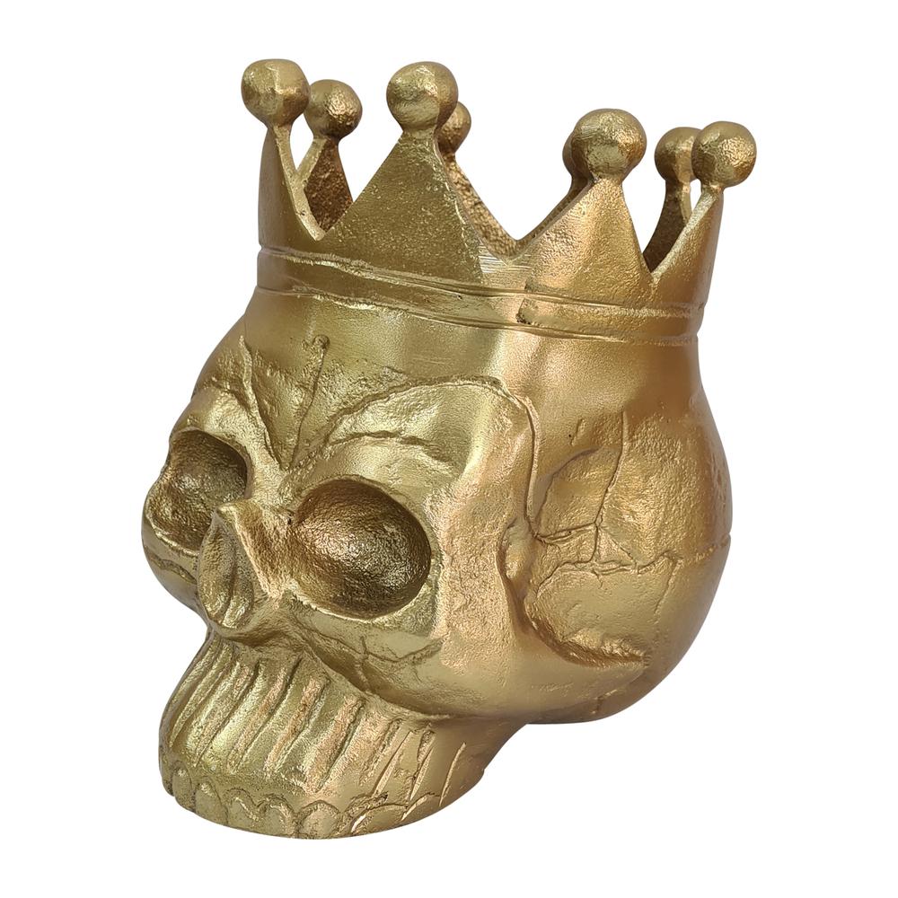 Metal, 8" Skull With Crown, Gold. Picture 1