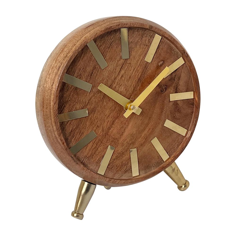 Wood 7'' Gold Table Clock, Brown. Picture 1