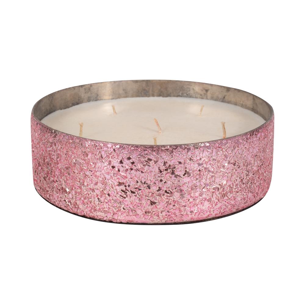Glass, 8" 49 Oz Crackled Bowl Scented Candle, Pink. Picture 3