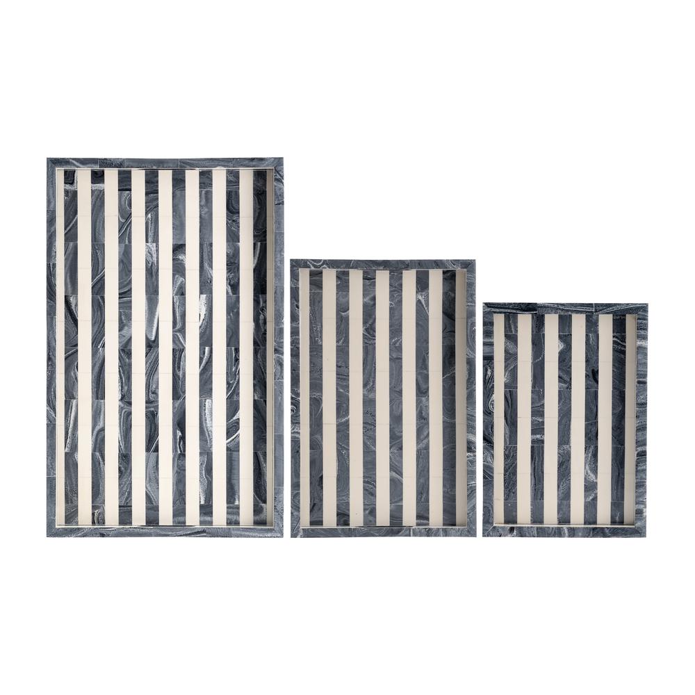 Resin, S/3 13/18/24" Striped Trays, Gray/white. Picture 1
