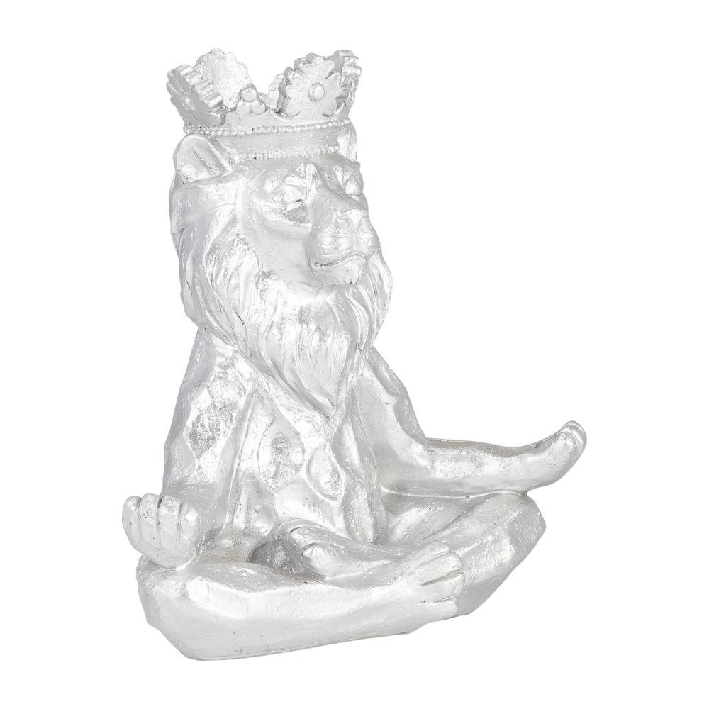 Resin 7" Yoga Lion W/ Crown, Silver. Picture 2