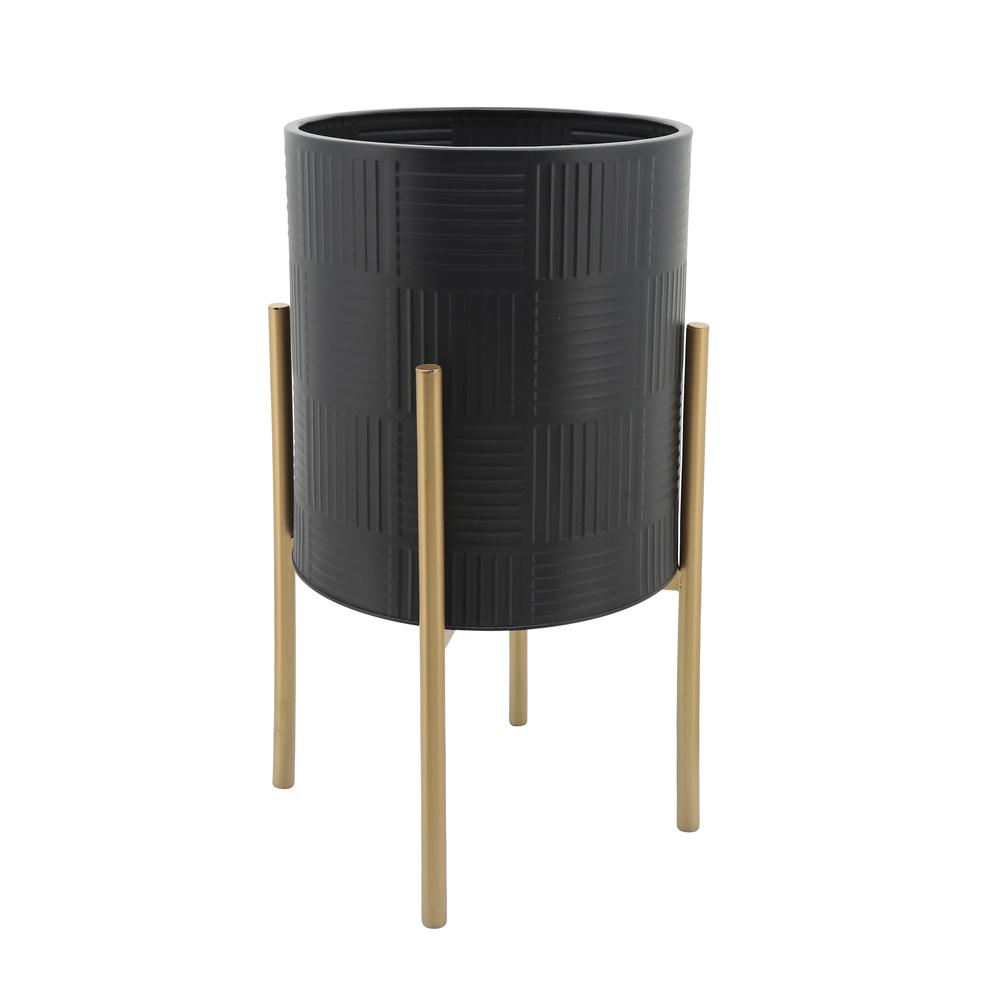 S/2 Planter W/ Lines On Metal Stand, Black/gold. Picture 2
