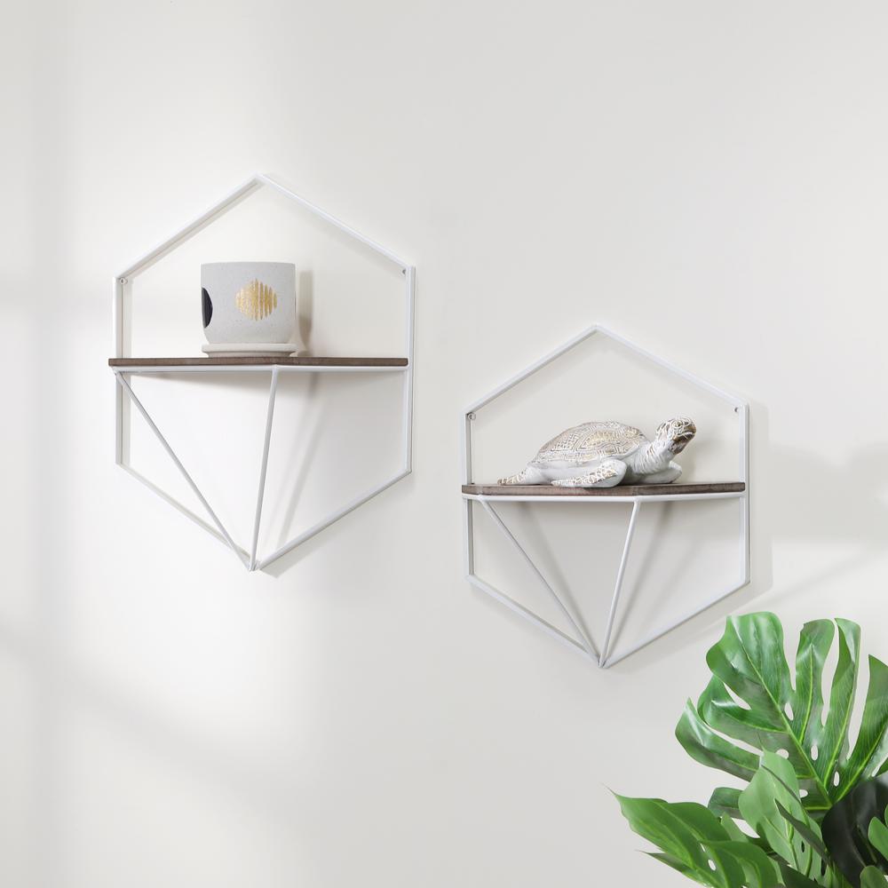 S/2 Metal / Wood Hexagon Wall Shelves, Wht/gray. Picture 8