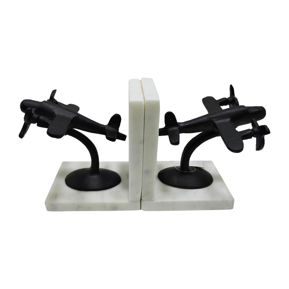Metal, S/2 6" Airplane Bookends On Marble, Blk/wht. Picture 1