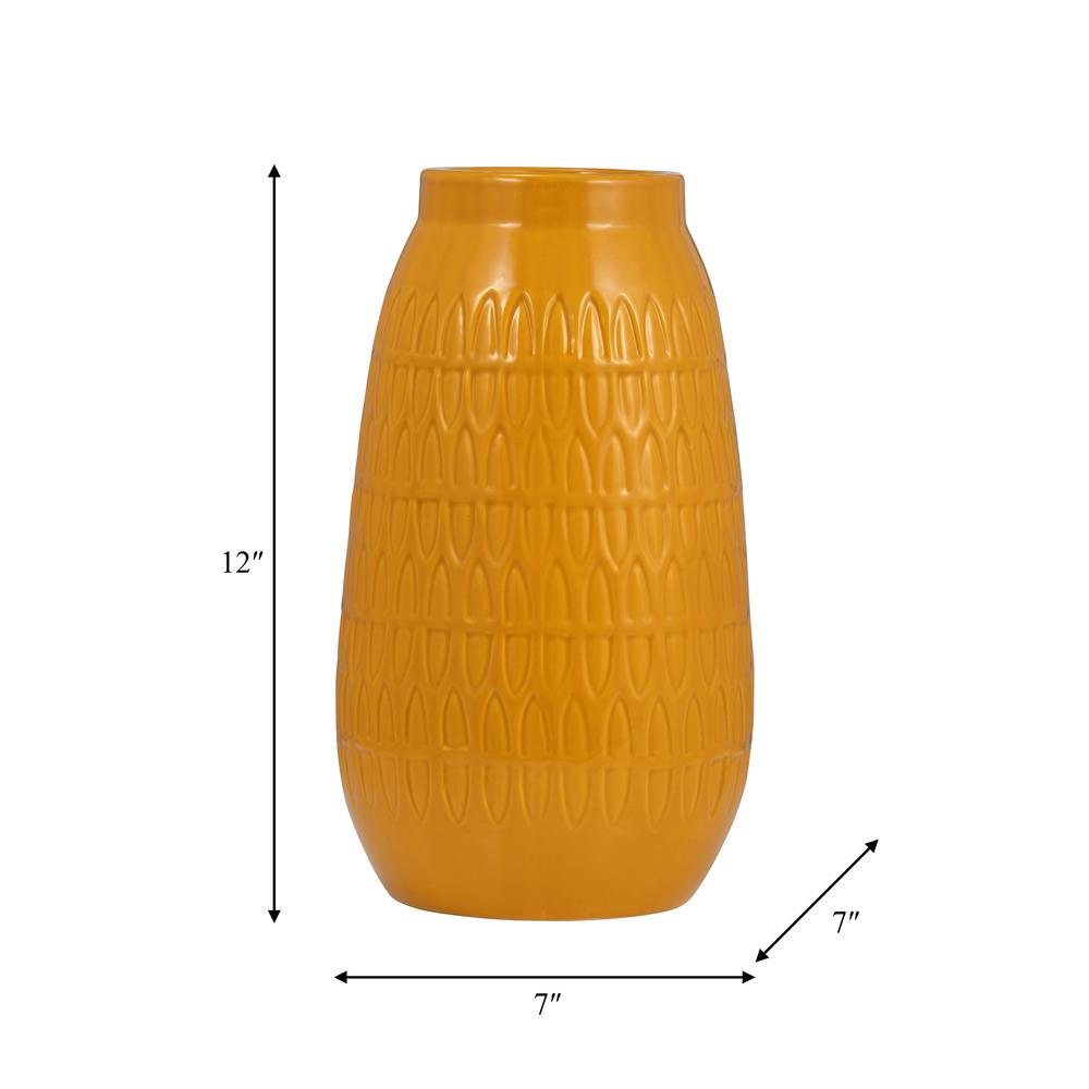 Cer, 12"h Carved Vase, Mustard Gold. Picture 9