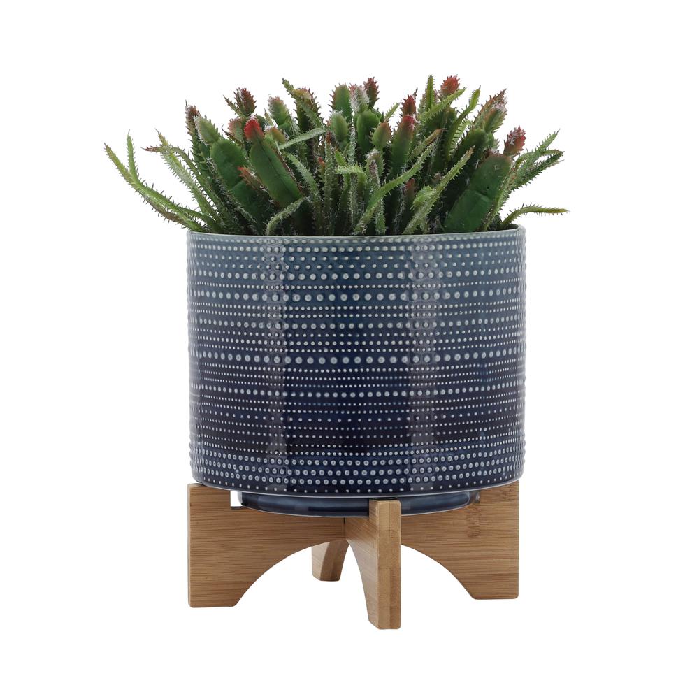 8" Dotted Planter W/ Wood Stand, Blue. Picture 3