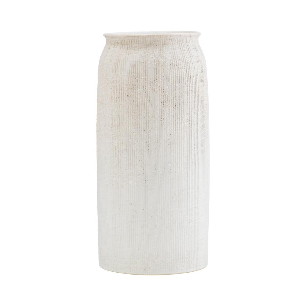 Cer, 13"h Ridged Vase, White. Picture 1