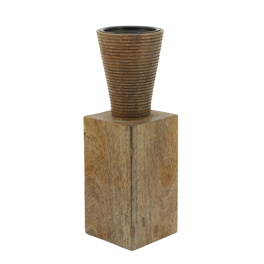 Wood, 11"h, Geometric Candle Holder, Brown. Picture 1
