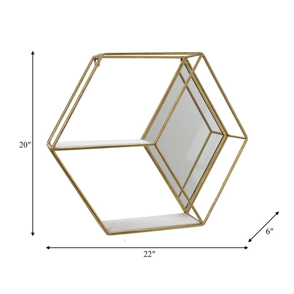 Metal/wood 20" Hexagon Mirrored Wall Shelf, Gold. Picture 2