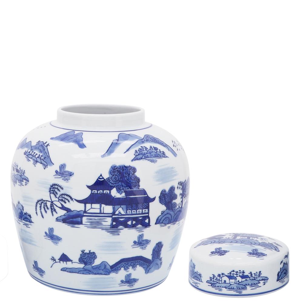 Cer, 9"h Rounded Jar W/ Lid, Blue. Picture 2