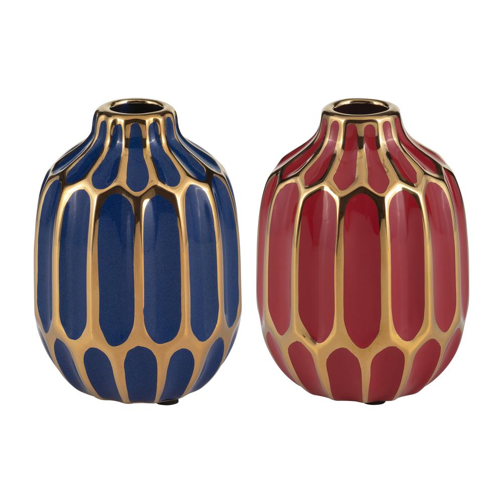 Ceramic Vase, 5"h, S/2, Navy/red. Picture 1