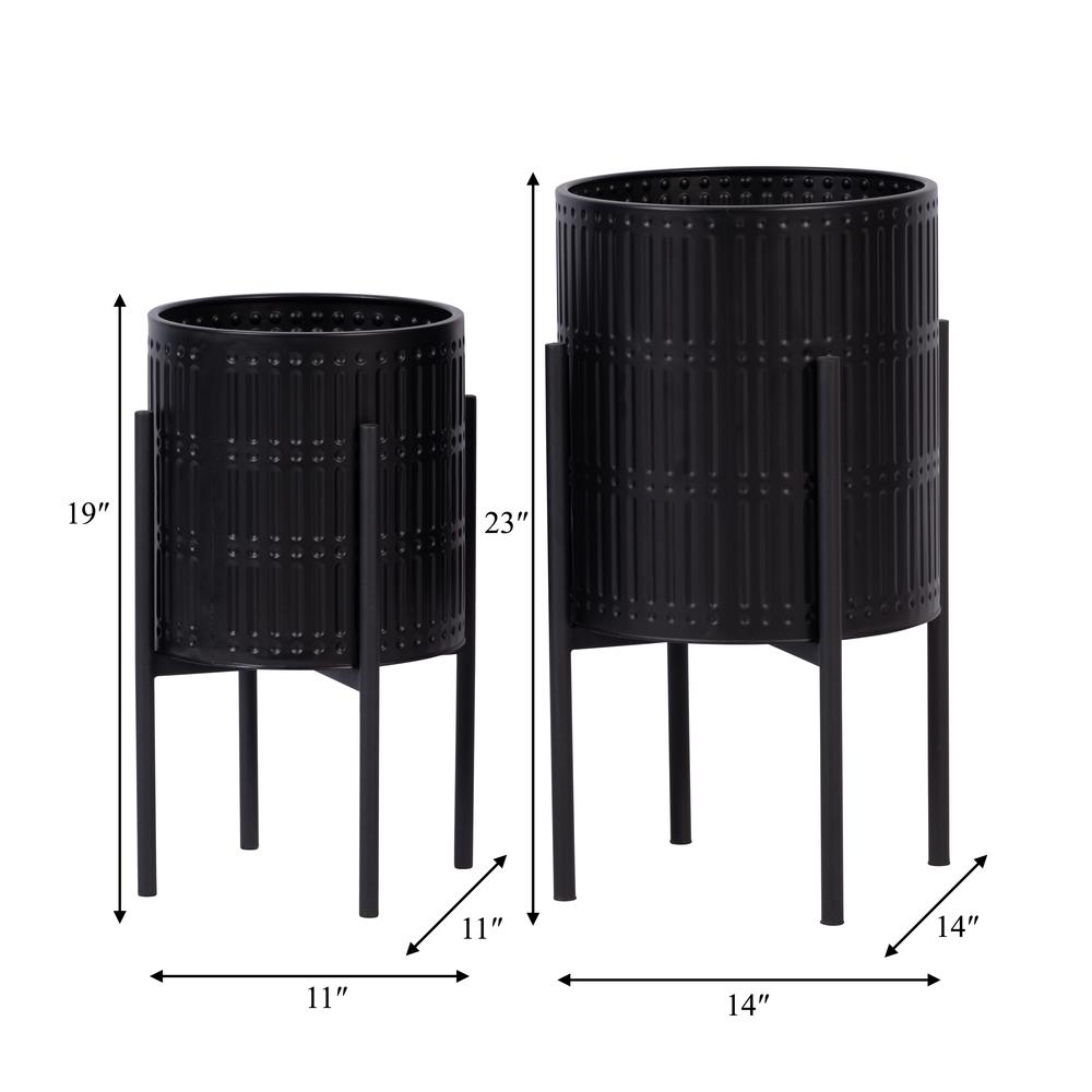 S/2 Ridged Planters In Metal Stand, Black. Picture 7
