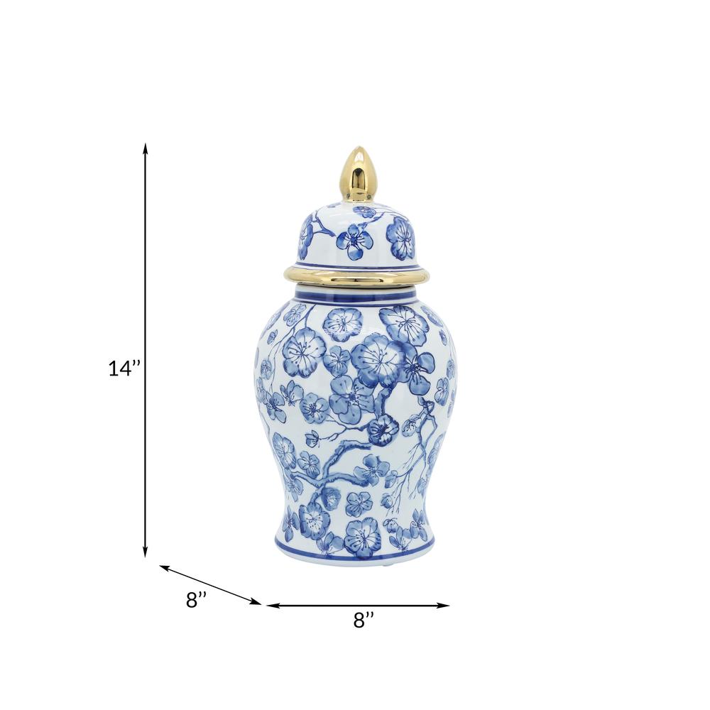 14" Temple Jar W/ Hibiscus, Blue & White. Picture 6
