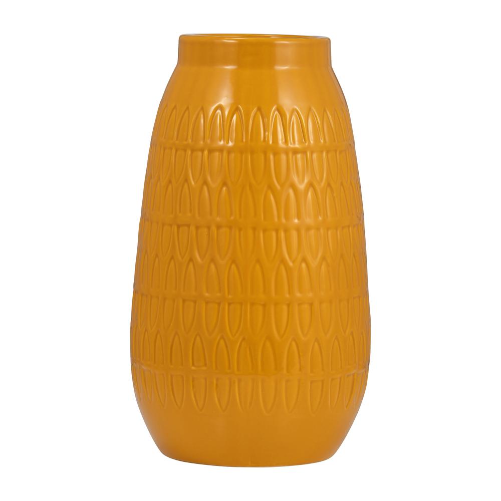 Cer, 12"h Carved Vase, Mustard Gold. Picture 1