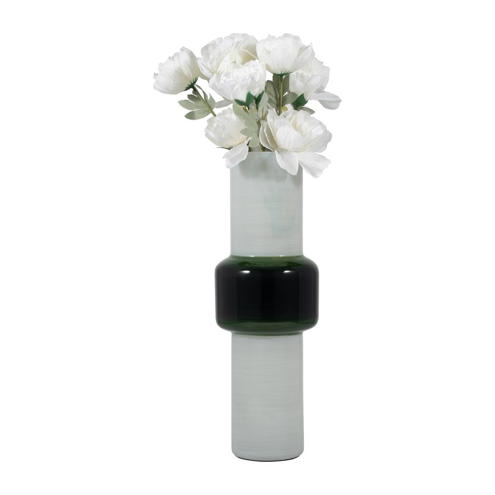 Glass, 19" Modern Cylinder Vase, White/green. Picture 3