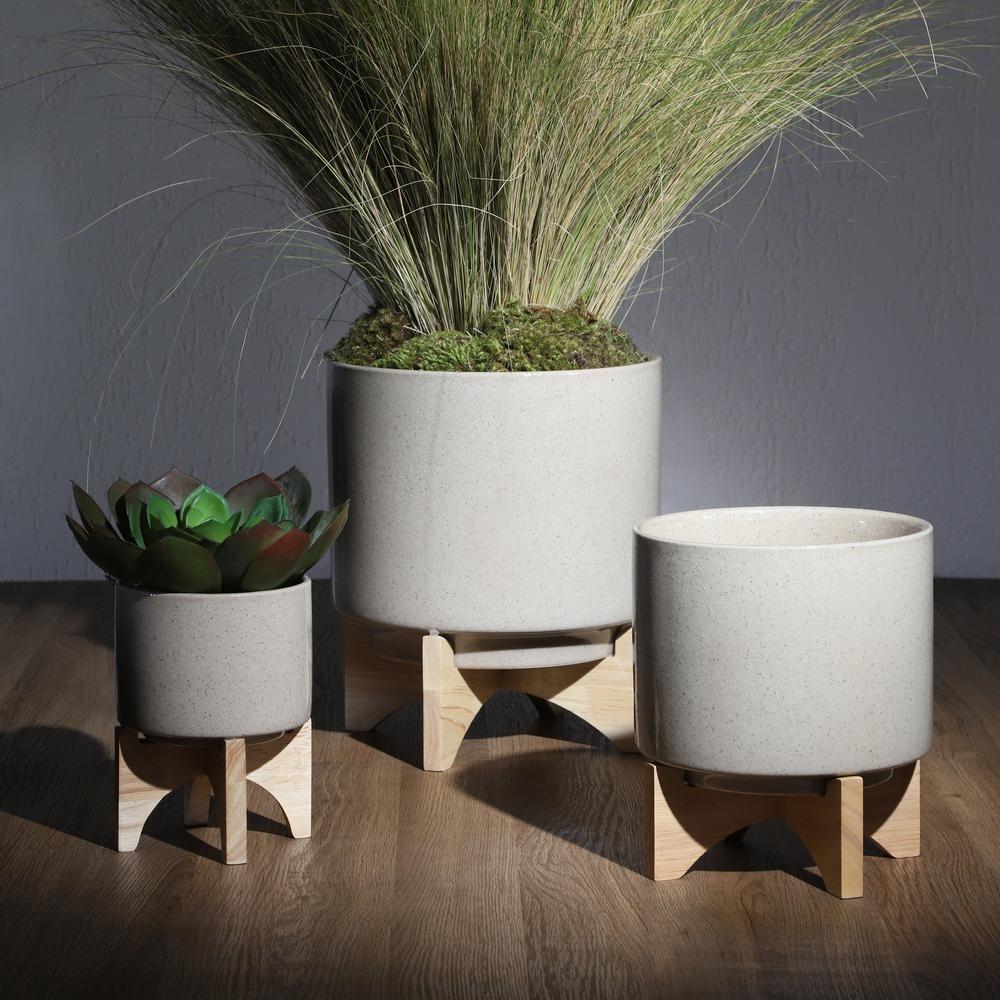 8"  Planter W/ Wood Stand, Beige. Picture 9