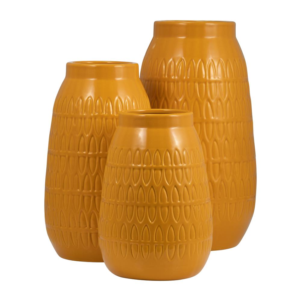 Cer, 12"h Carved Vase, Mustard Gold. Picture 8
