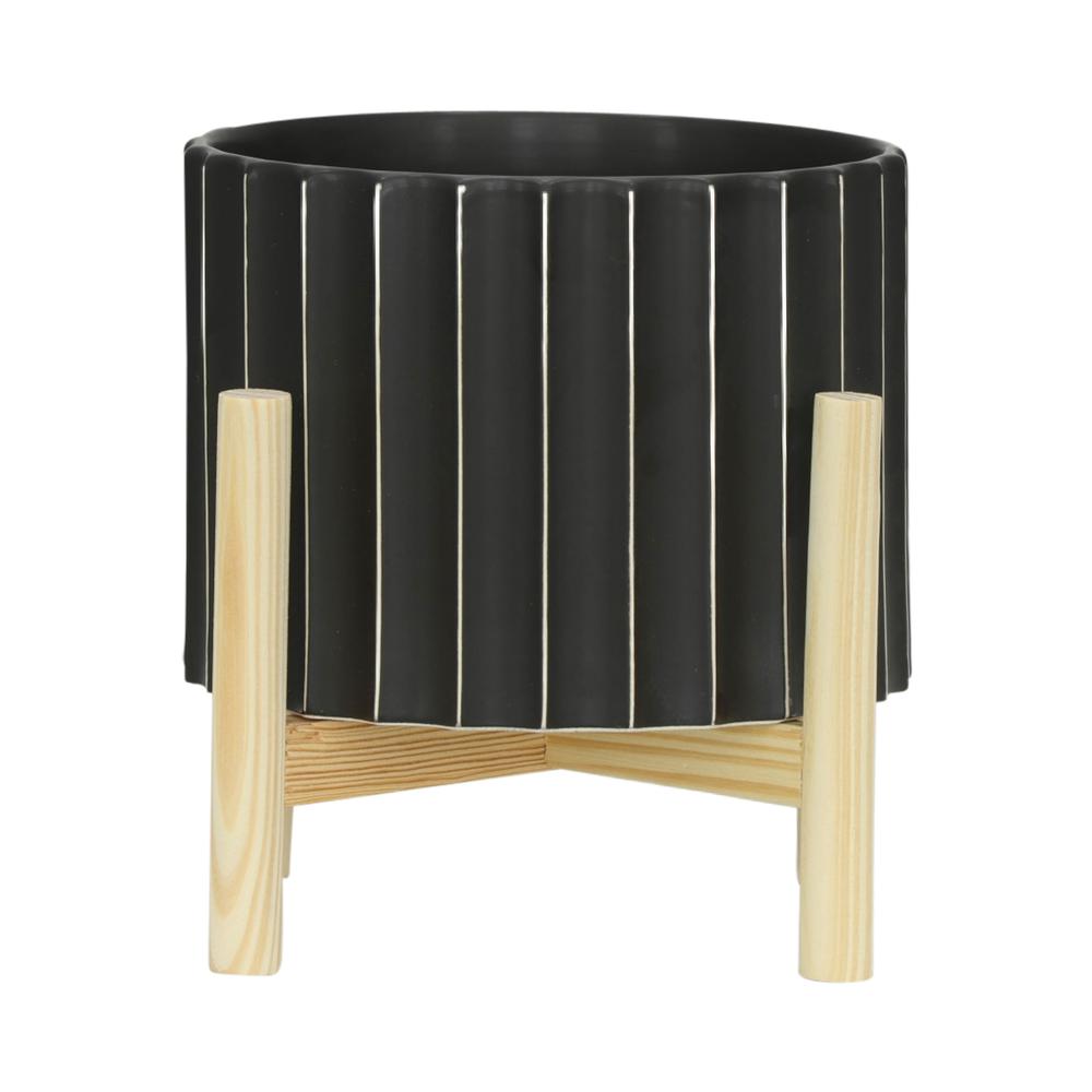 8" Ceramic Fluted Planter W/ Wood Stand, Black. Picture 1
