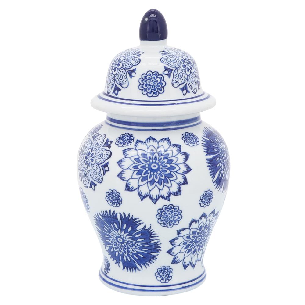 Cer, 10"h Asstd Flowers Temple Jar, Blue. Picture 1