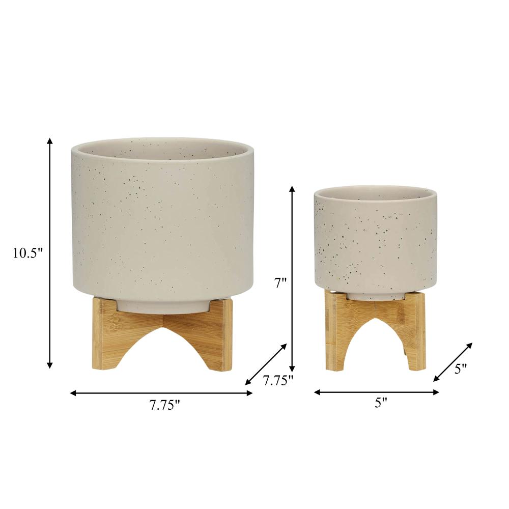S/2 5/8" Planter W/ Wood Stand, Matte Beige. Picture 8