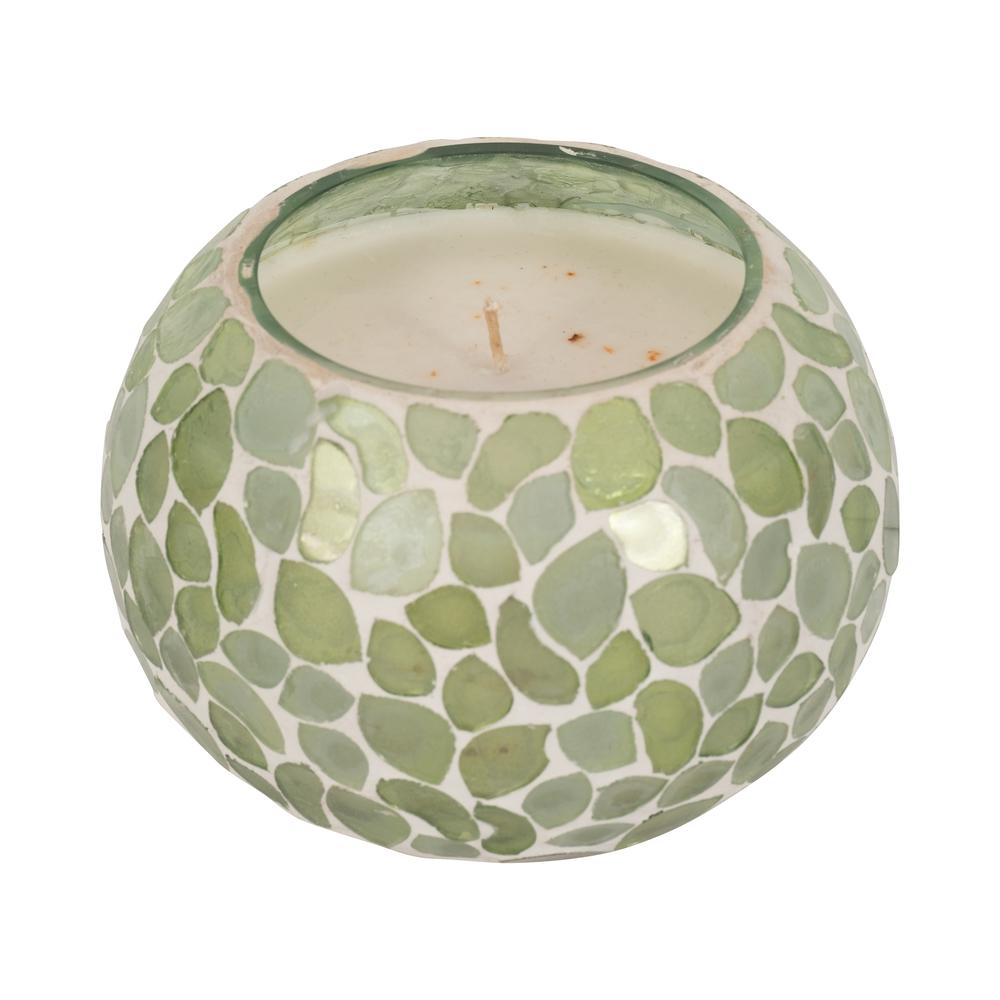 Glass, 5" 19 Oz Mosaic Scented Candle, Light Green. Picture 4