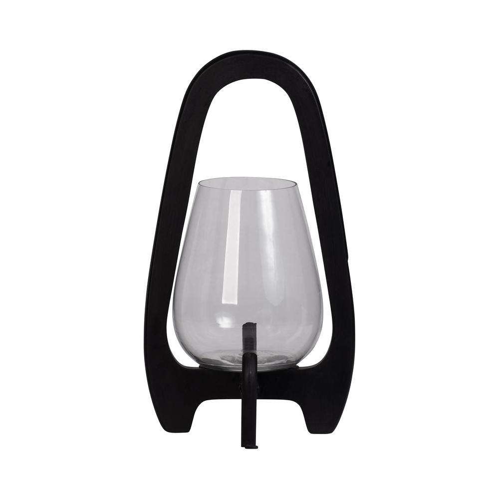 15"h Glass Lantern W/ Wood Handle, Black. Picture 3