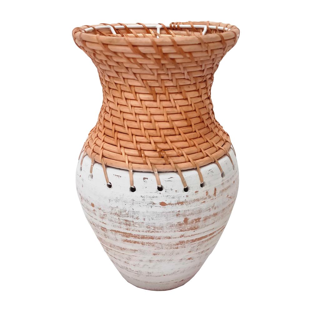 Clay, 11" Vase With Woven Top, White/natural. Picture 1