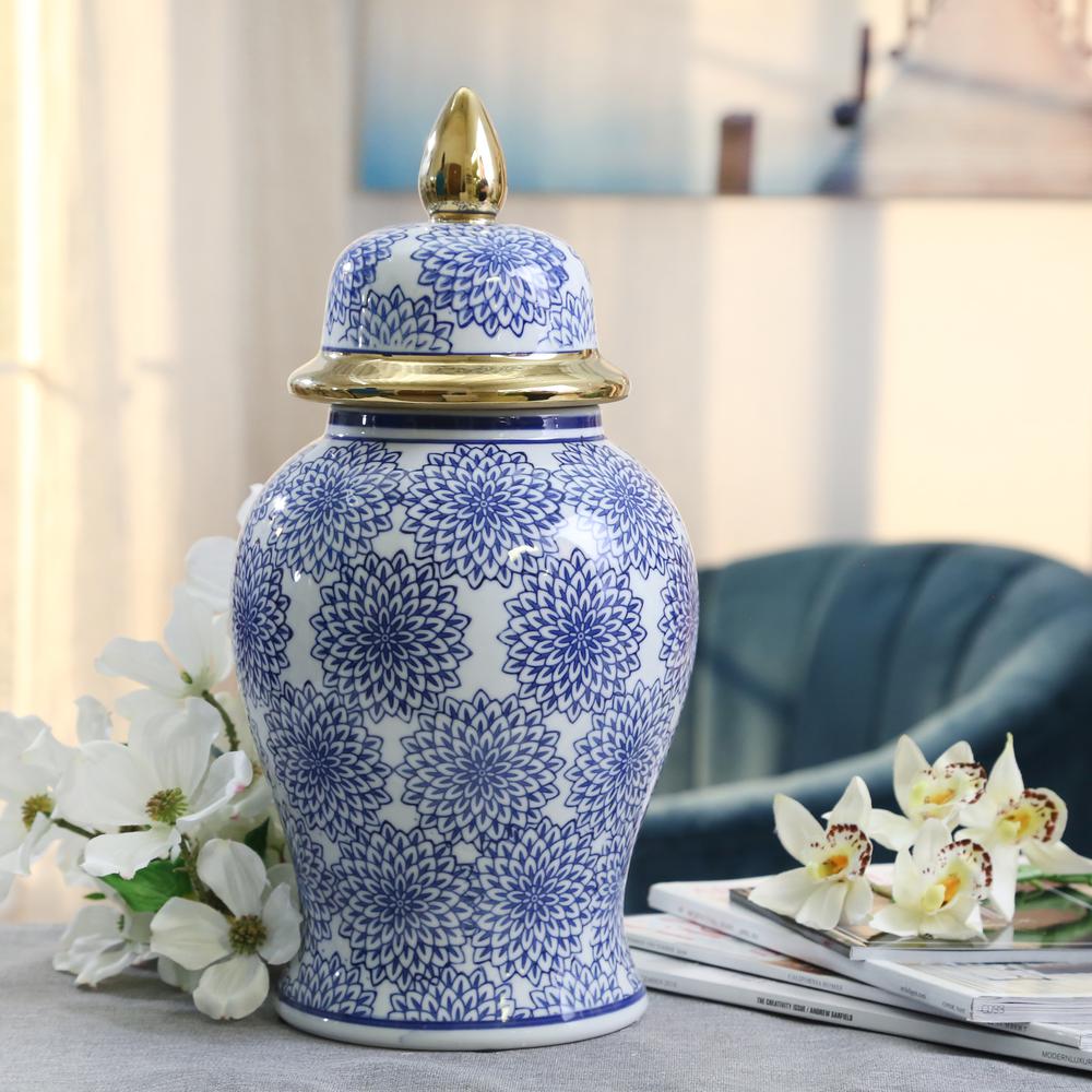 14" Temple Jar W/dalhia Flower,blue & White. Picture 6