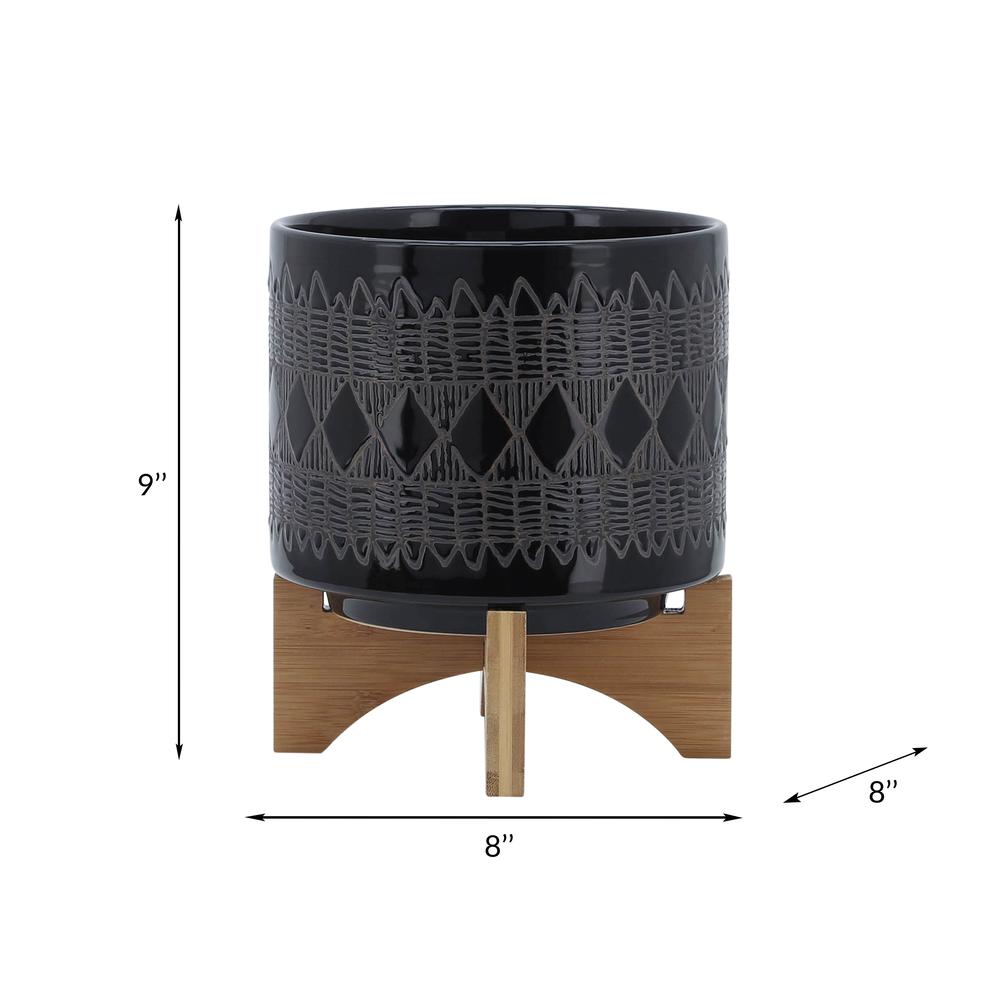 Ceramic 8" Aztec Planter On Wooden Stand, Black. Picture 8