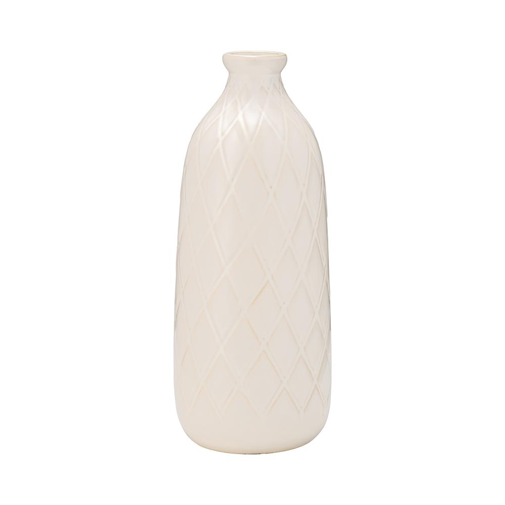 Cer, 16" Plaid Textured Vase, Beige. Picture 1