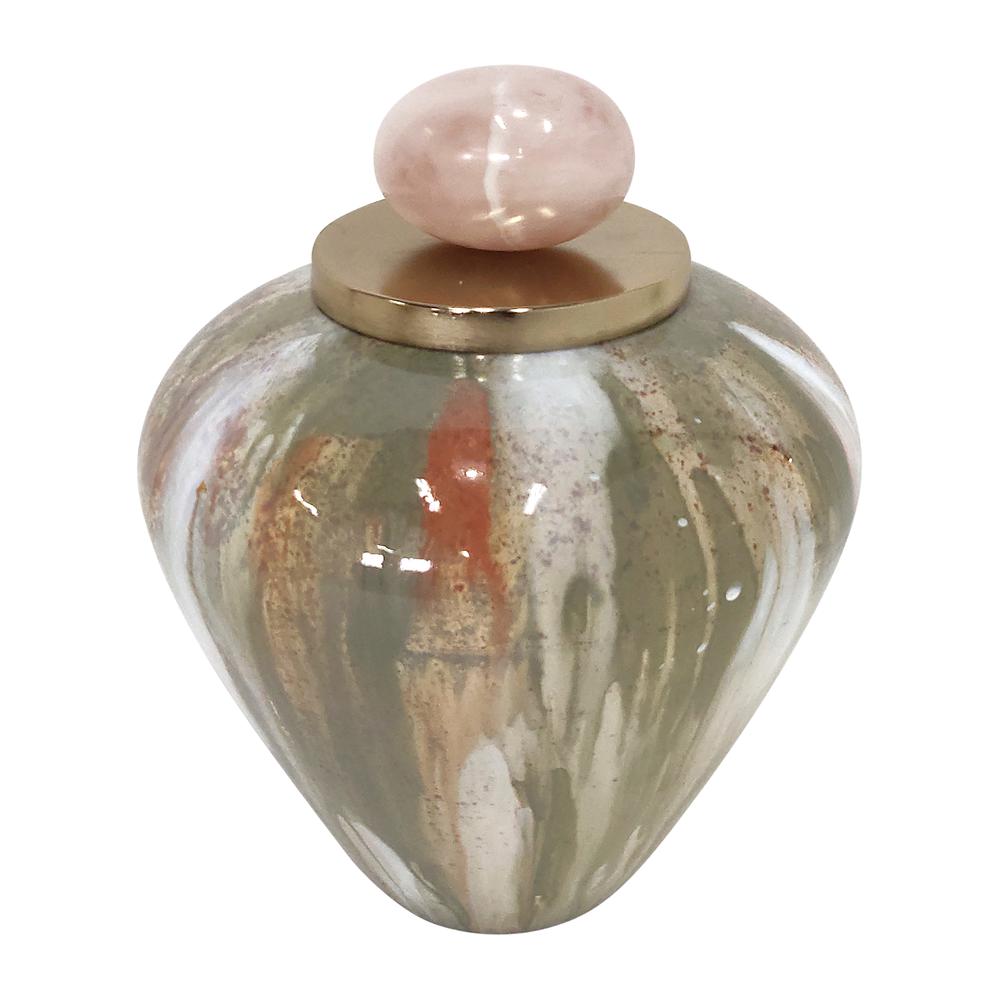 Glass, 9" Temple Vase W/ Resin Topper, Blush/green. Picture 1