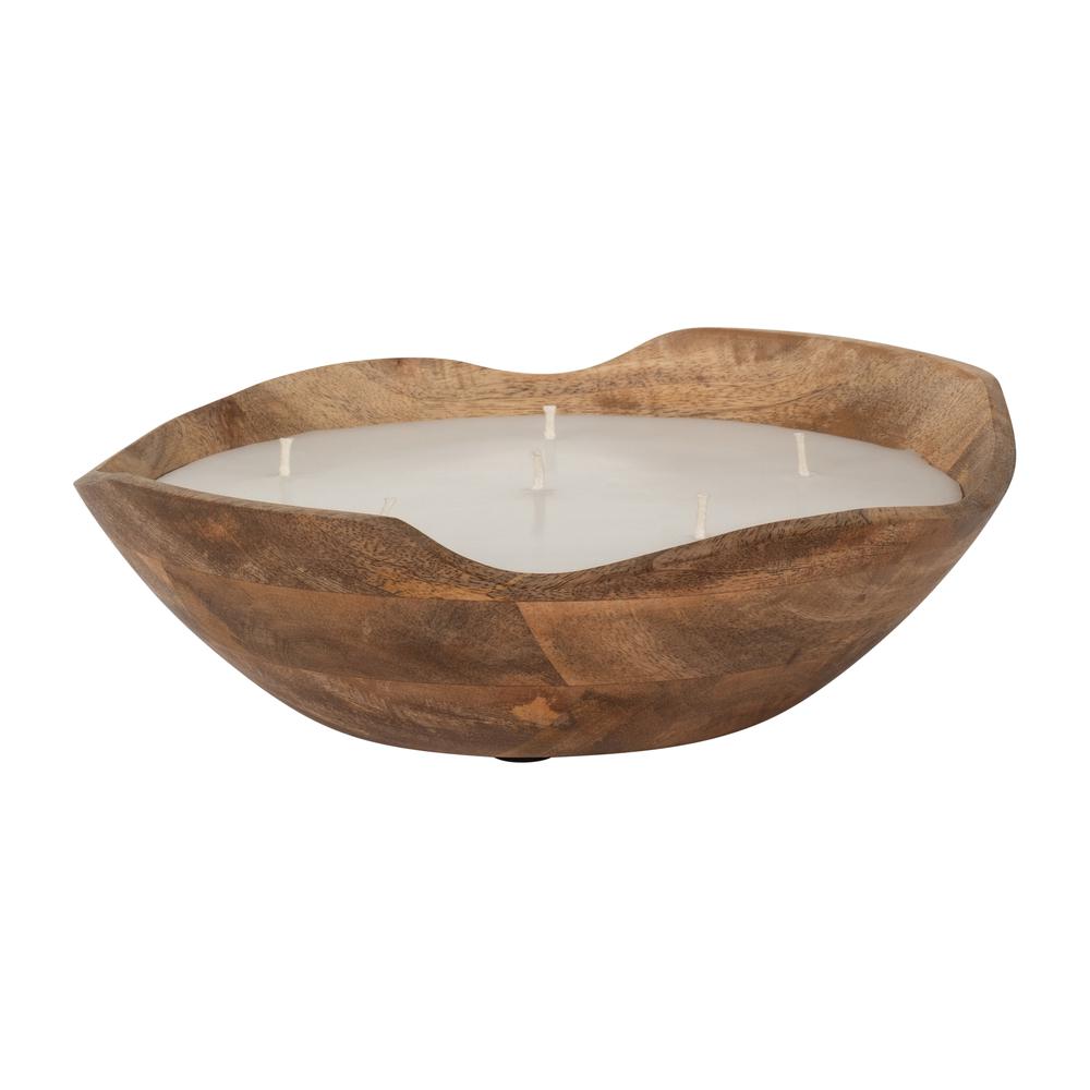 9" 14 Oz Vanilla Curvy Wood Bowl Candle, Natural. Picture 2