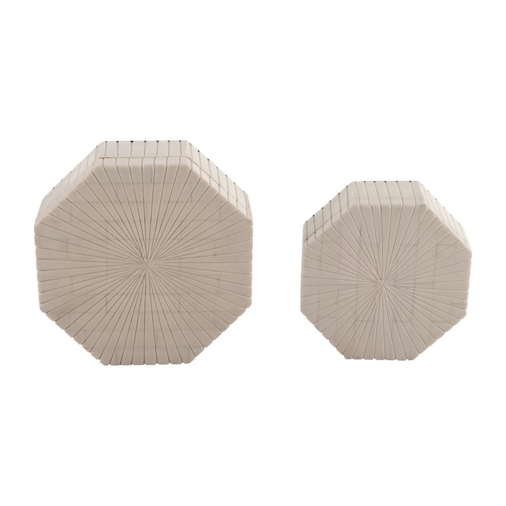 Resin, S/2 6/8" Hxgon Boxes W/ridge Design, Ivory. Picture 8