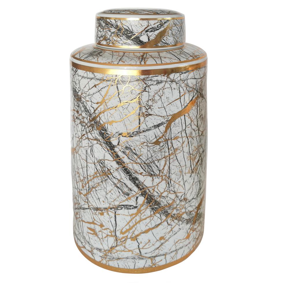 Ceramic 16" Jar With Gold Lid, White. Picture 1