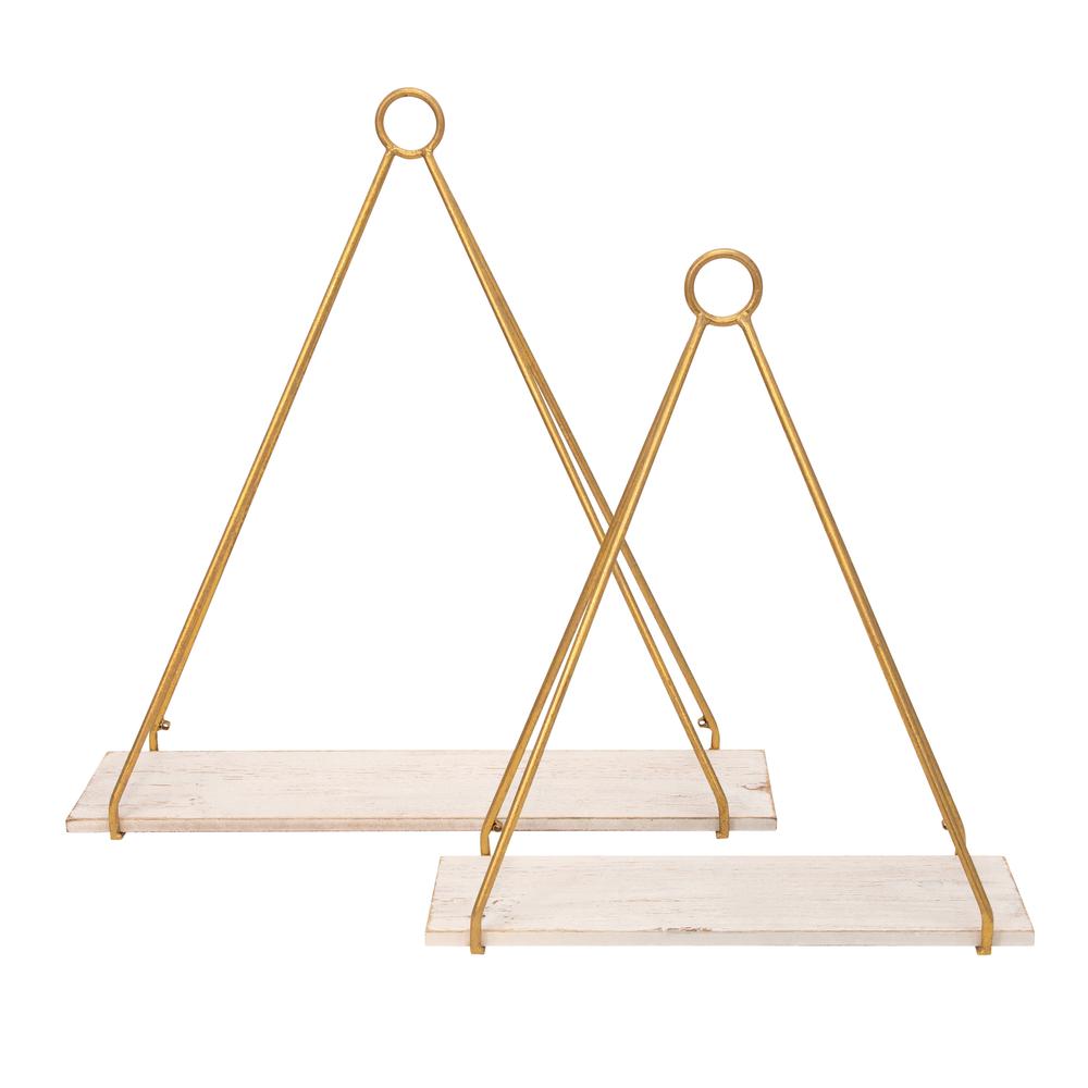 S/2 Metal/wood 20/24" Triangle Shelf, White/gold. Picture 4