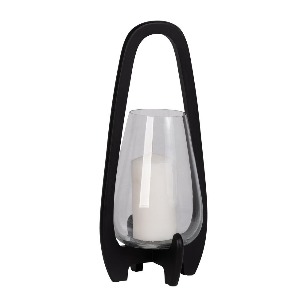 18"h Glass Lantern W/ Wood Handle, Black. Picture 3