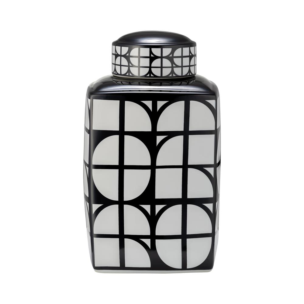Cer, 16"h Square Jar W/ Lid, Black/white. Picture 1