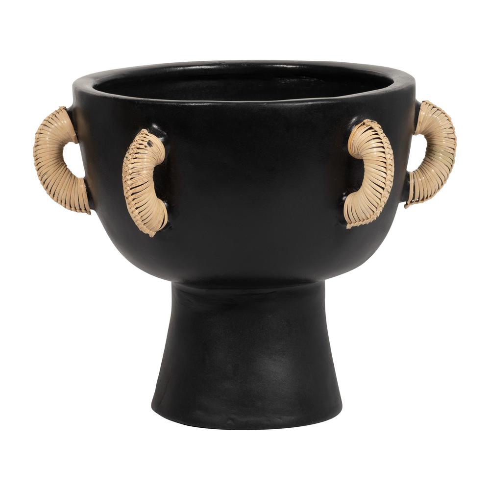 Terracotta, 11"h Eared Bowl On Stand Vase, Black. Picture 2