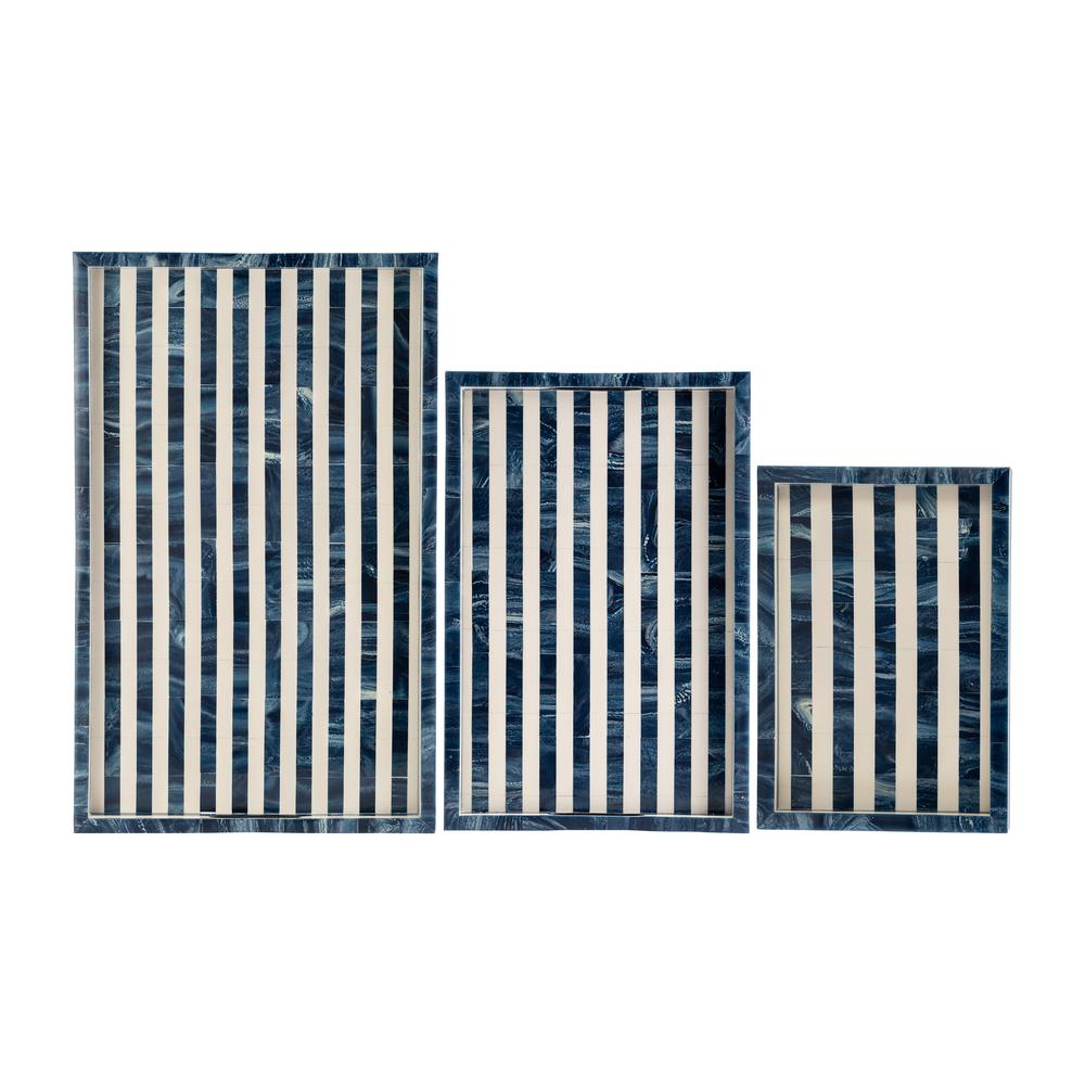 Resin, S/3 13/18/24" Striped Trays, Blue/white. Picture 1