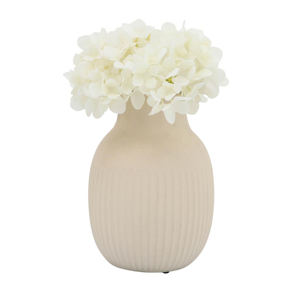 Cer, 9"h Ridged Bulbous Vase, Ivory. Picture 4