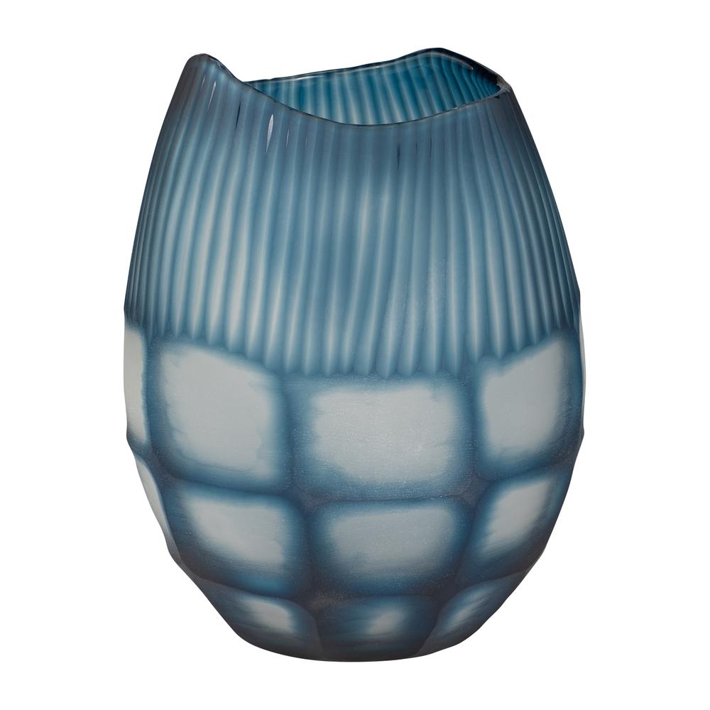 Glass, 12" Carved Vase Blue. Picture 1