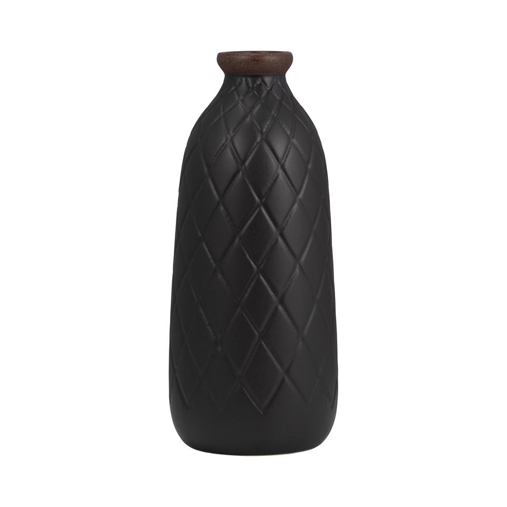 Cer, 12" Plaid Textured Vase, Black. Picture 1