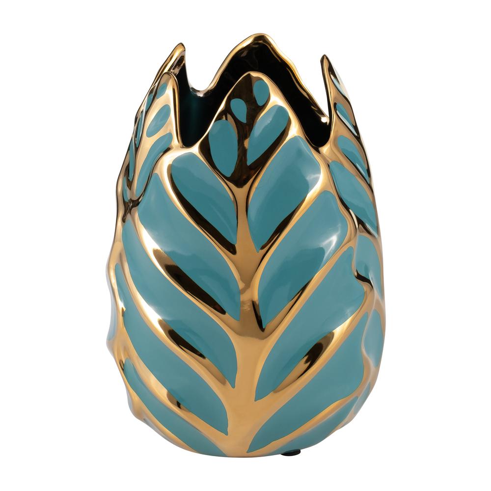 Ceramic 8"h Leaf Vase, Turquoise/gold. Picture 1