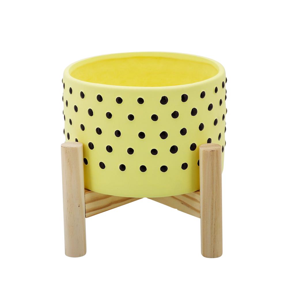 6" Dotted Planter W/ Wood Stand, Yellow. Picture 1